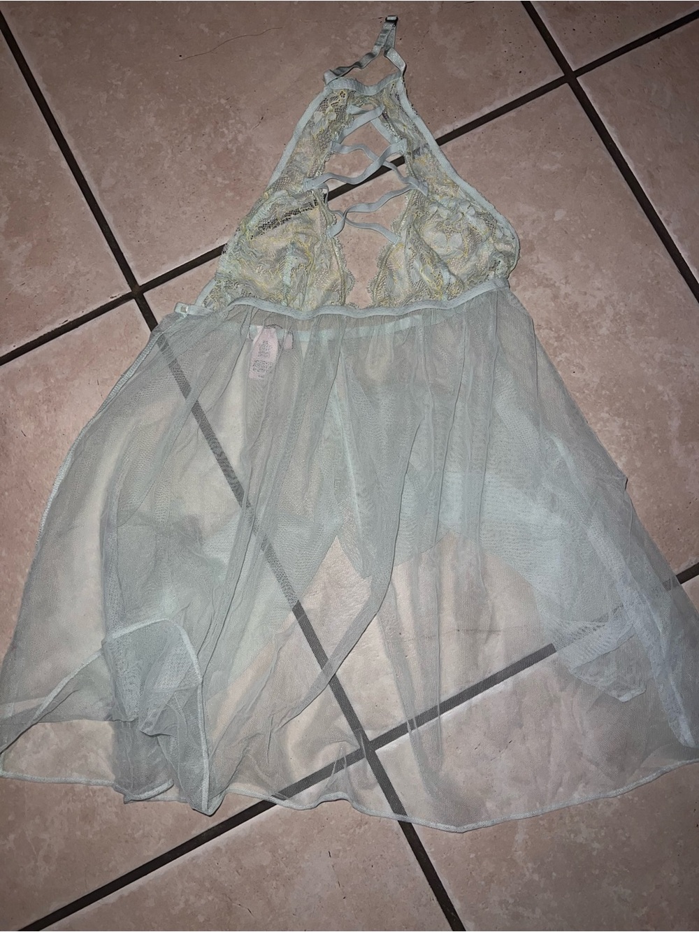 NWOT Victoria's Secret Pale Mint Sheer Lace Halter Chemise/Babydoll
